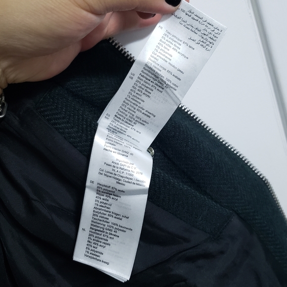 SANDRO Shearling Trim Collar Green Herringbone Wool Aviator Jacket - Picture 11 of 16